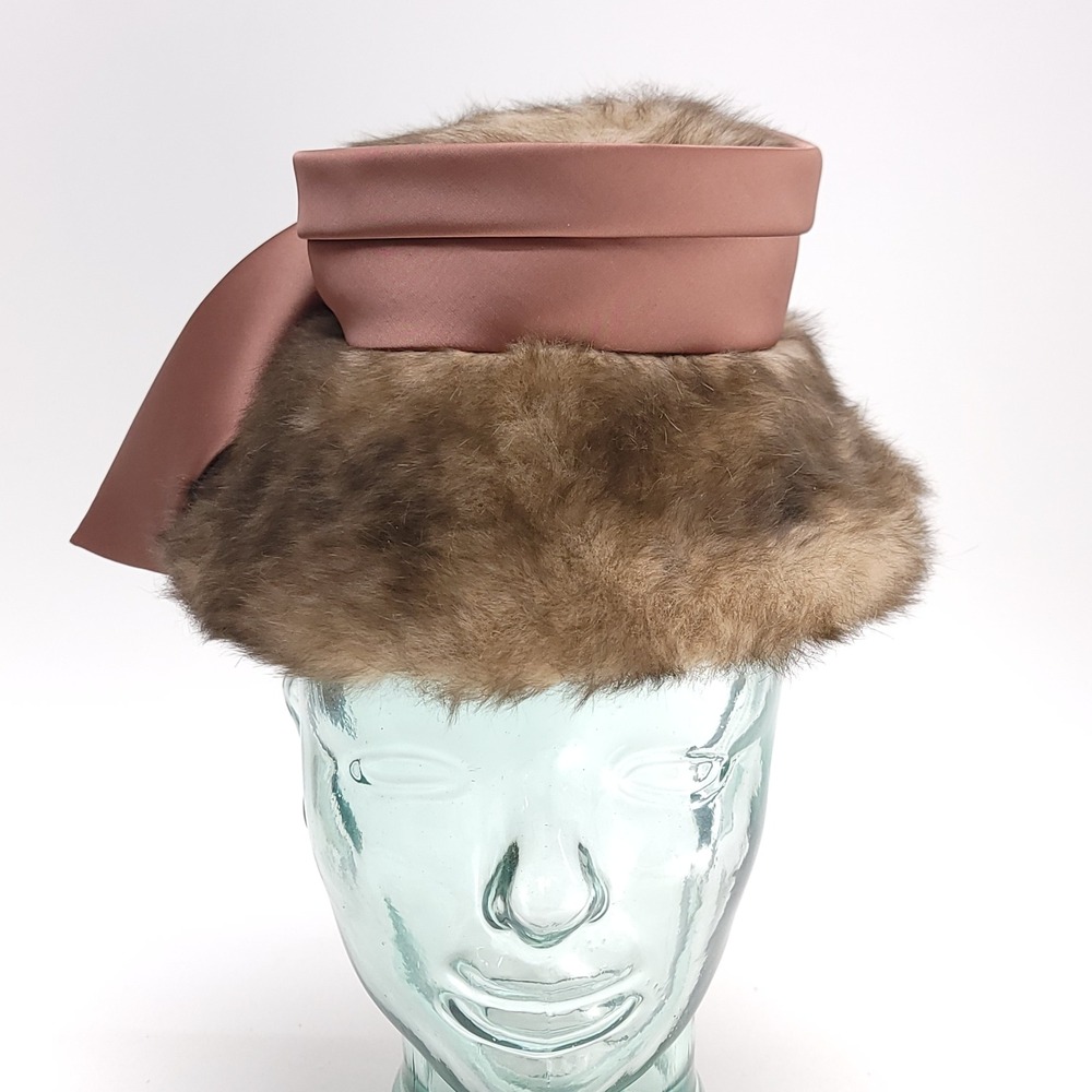 Vintage Sonni California Brown Faux Fur Pillbox Hat Pink Satin Ribbon 1960s USA